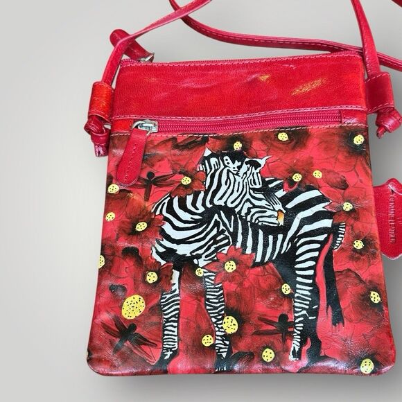Genuine Leather Red Zebra Hand painted Crossbody INDIA Purse Bag Statement - Picture 3 of 6